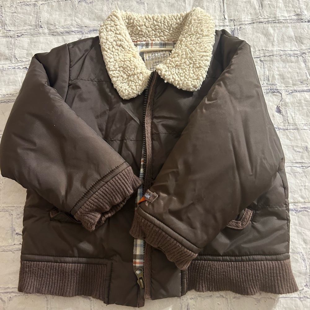 MINIBASIX NYLON SHELL COTTON LINING BROWN & FAUX FUR COLLAR ZIP UP24 MOS JACKET
